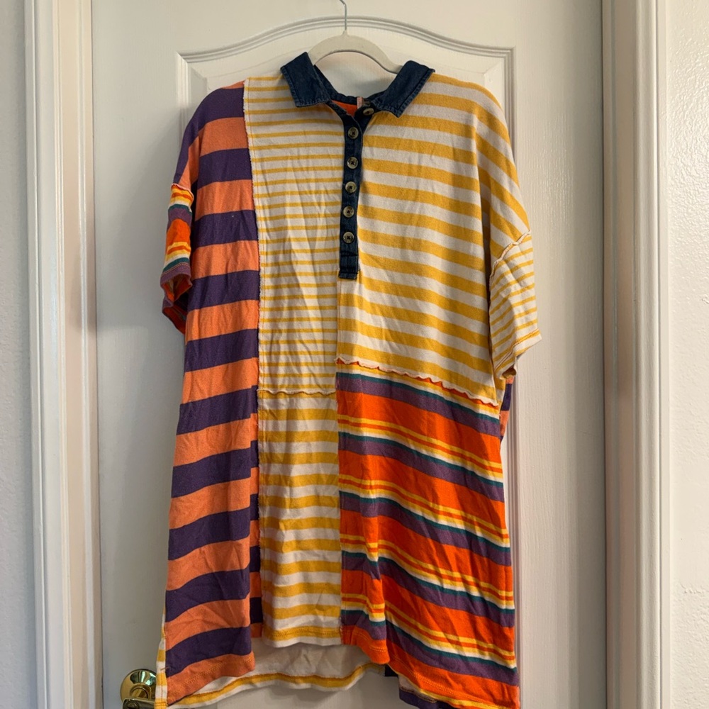 Free People Multi-Stripe Patchwork Polo Dress in Yellow, Orange, Purple